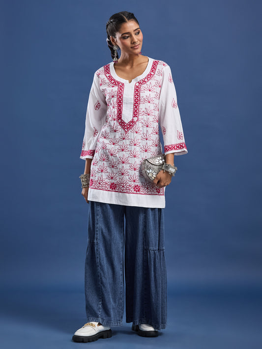 White cotton Kurta with Pink Thread Embroidery