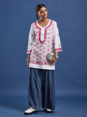 White cotton Kurta with Pink Thread Embroidery