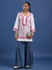 White cotton Kurta with Pink Thread Embroidery