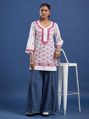 White cotton Kurta with Pink Thread Embroidery