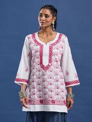 White cotton Kurta with Pink Thread Embroidery