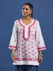 White cotton Kurta with Pink Thread Embroidery
