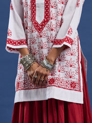 White cotton Kurta with Red Thread Embroidery
