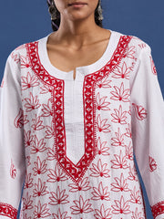 White cotton Kurta with Red Thread Embroidery