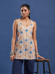 Hand Block Print Sleevless Cream color Short Kurti BPKU009