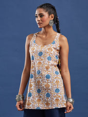 Hand Block Print Sleevless Cream color Short Kurti BPKU009