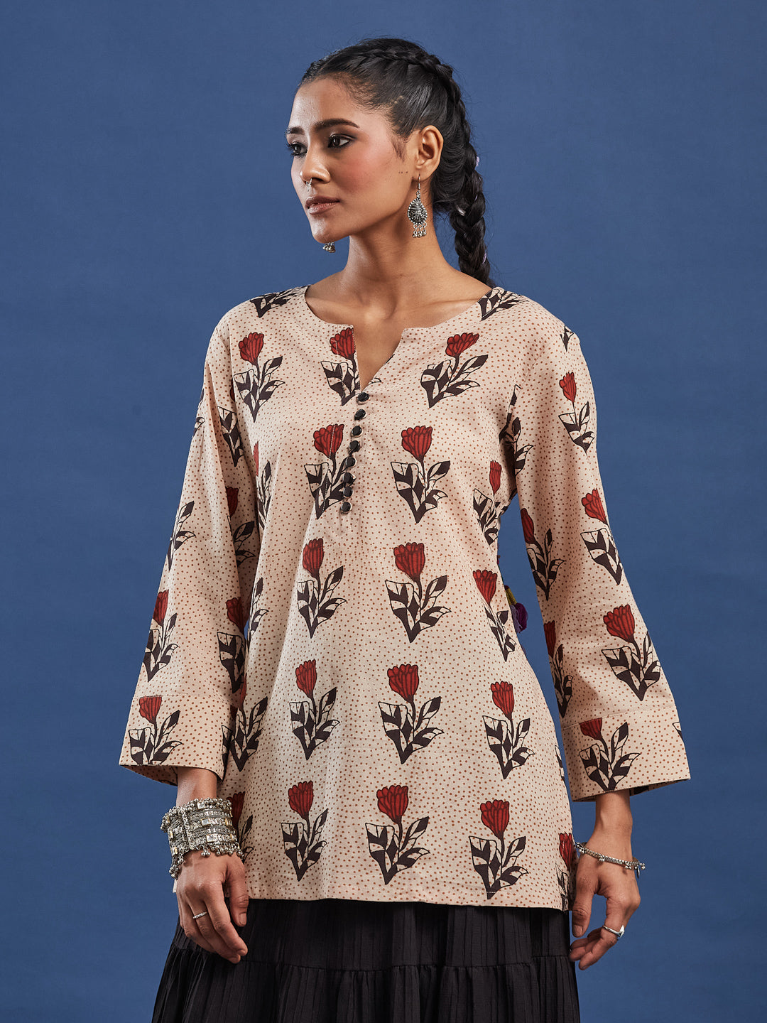 Hand Block Print Bagru Print Kurti, Cotton breathable fabric, Style with Skirt, Palazzo, Trouser and Denim. Collection for casual and office wear, Hand Crafted by Artisans.