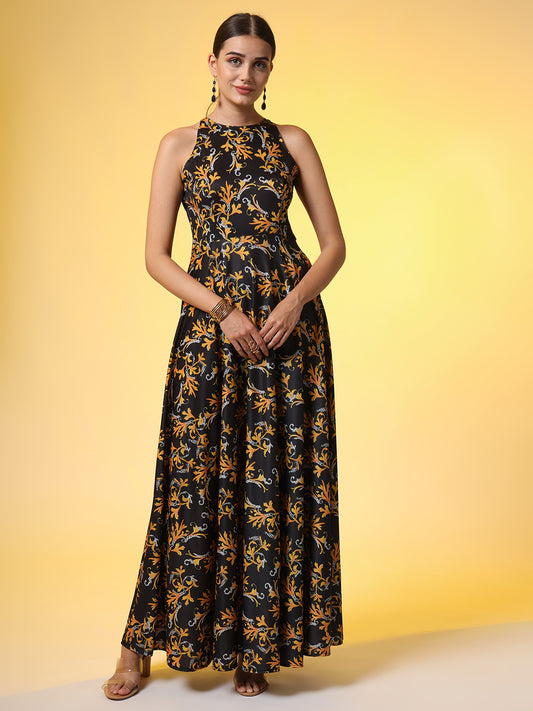 Black with Orange Flower Print Dress - Sufiza Lifestyle