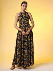 Black with Orange Flower Print Dress - Sufiza Lifestyle
