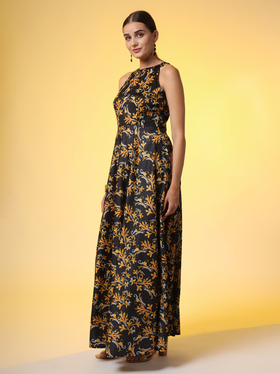 Black with Orange Flower Print Dress - Sufiza Lifestyle