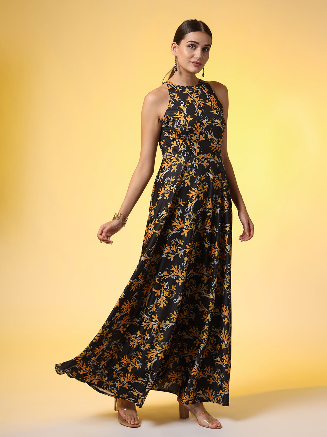 Black with Orange Flower Print Dress - Sufiza Lifestyle