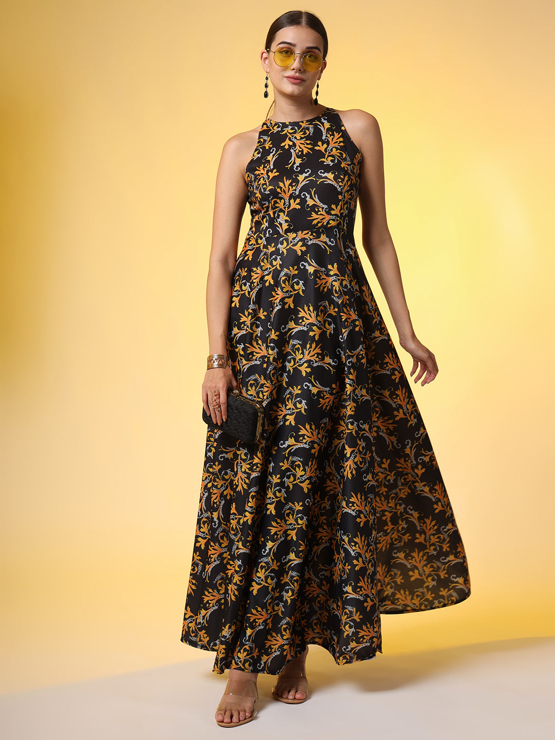 Black with Orange Flower Print Dress - Sufiza Lifestyle