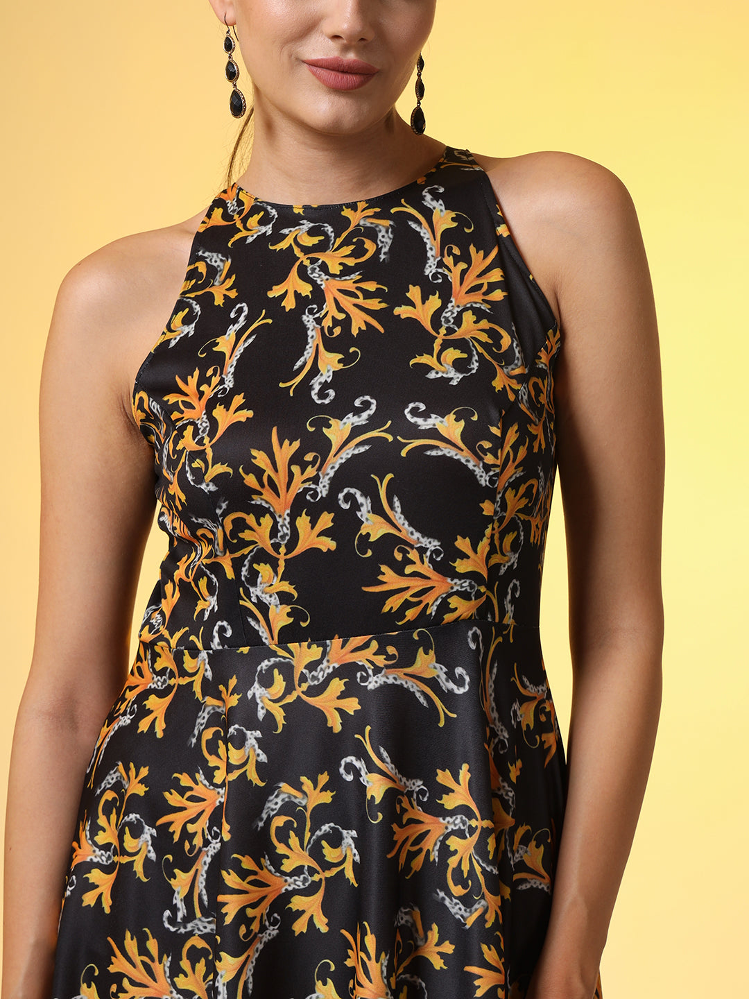 Black with Orange Flower Print Dress - Sufiza Lifestyle