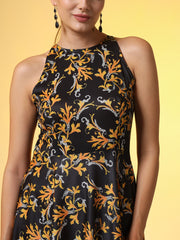 Black with Orange Flower Print Dress - Sufiza Lifestyle