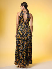 Black with Orange Flower Print Dress - Sufiza Lifestyle