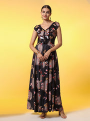 Black with Dual Shade Flower Print Western Wear Dress