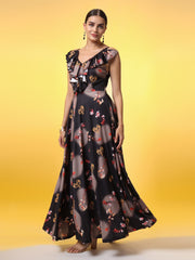 Black with Dual Shade Flower Print Western Wear Dress
