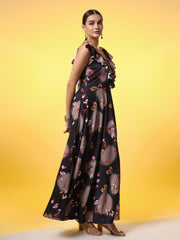 Black with Dual Shade Flower Print Western Wear Dress