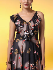 Black with Dual Shade Flower Print Western Wear Dress