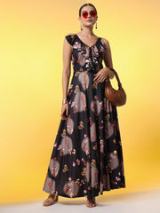 Black with Dual Shade Flower Print Western Wear Dress