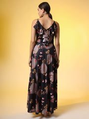 Black with Dual Shade Flower Print Western Wear Dress