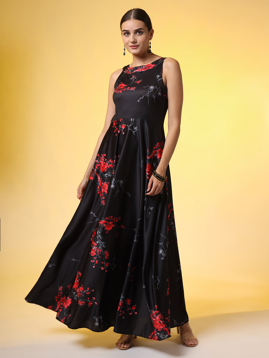 Black with Red Flower Print Dress - Sufiza Lifestyle