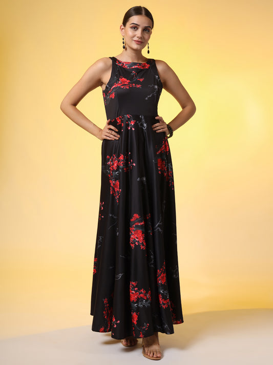 Black with Red Flower Print Dress - Sufiza Lifestyle