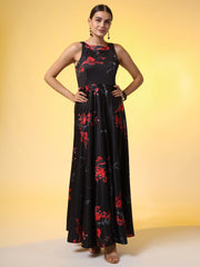 Black with Red Flower Print Dress - Sufiza Lifestyle