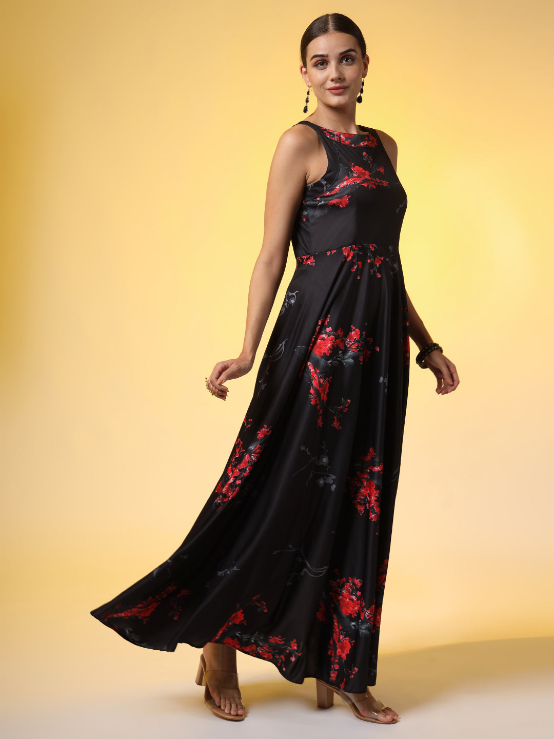 Black with Red Flower Print Dress - Sufiza Lifestyle