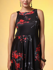 Black with Red Flower Print Dress - Sufiza Lifestyle