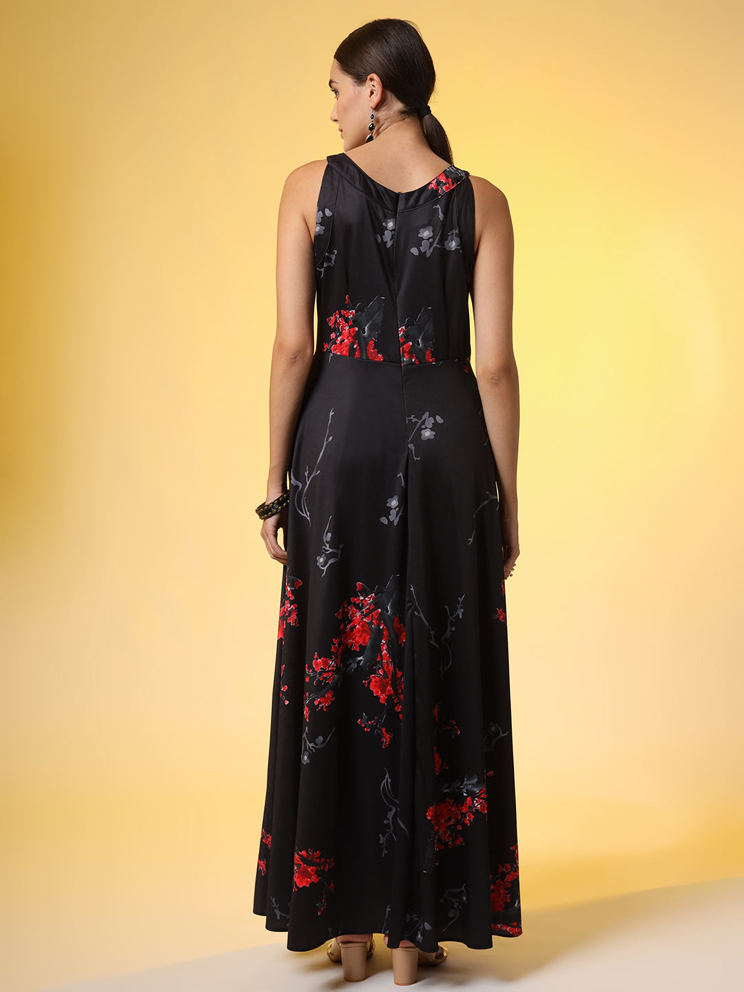 Black with Red Flower Print Dress - Sufiza Lifestyle
