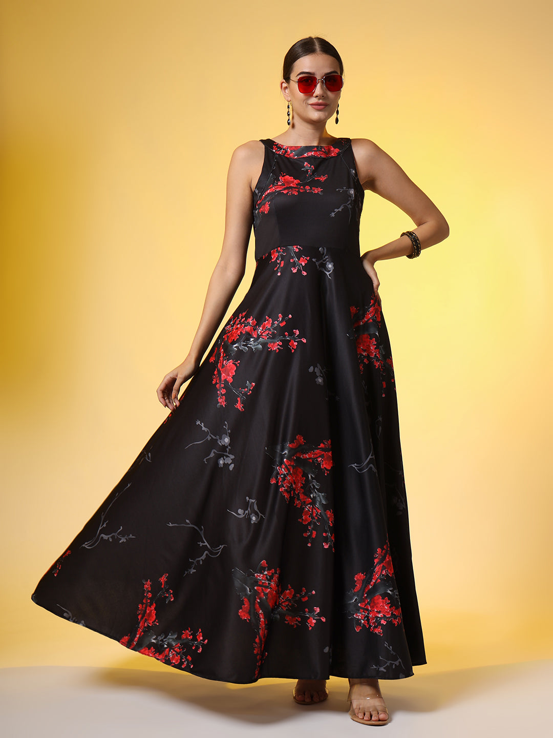 Black with Red Flower Print Dress - Sufiza Lifestyle