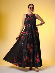 Black with Red Flower Print Dress - Sufiza Lifestyle