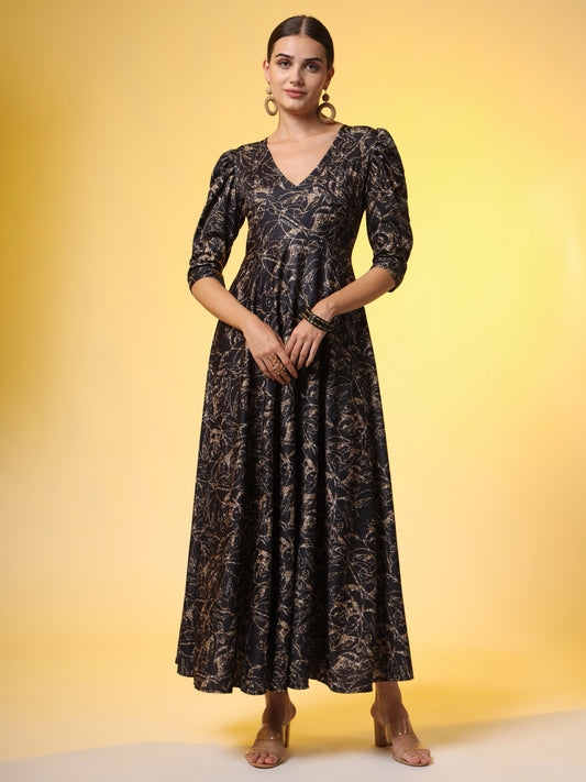 Western Wear Dress Black printed Dress with Puff Sleeve - Sufiza Lifestyle