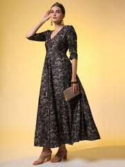 Western Wear Dress Black printed Dress with Puff Sleeve - Sufiza Lifestyle