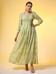 Double Georgette Light Green with Yellow Flower Motif - Sufiza Lifestyle
