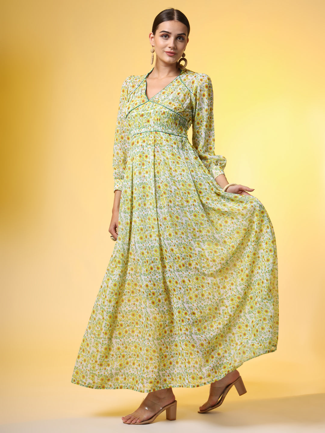 Double Georgette Light Green with Yellow Flower Motif - Sufiza Lifestyle