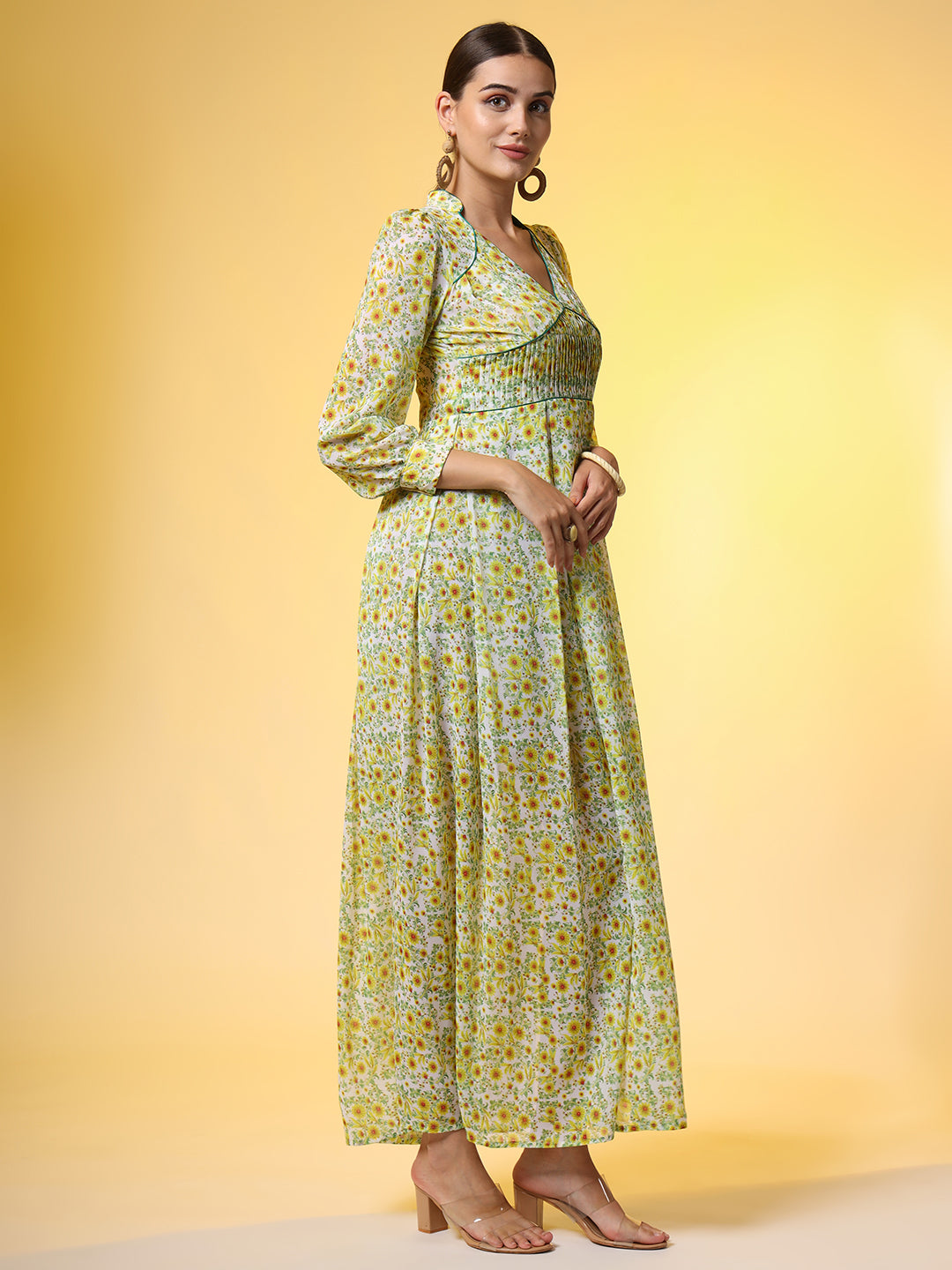 Double Georgette Light Green with Yellow Flower Motif - Sufiza Lifestyle