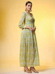 Double Georgette Light Green with Yellow Flower Motif - Sufiza Lifestyle