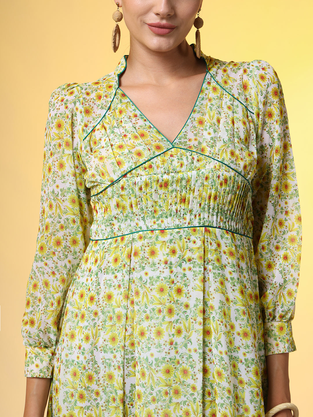 Double Georgette Light Green with Yellow Flower Motif - Sufiza Lifestyle