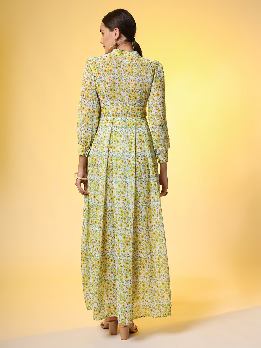 Double Georgette Light Green with Yellow Flower Motif - Sufiza Lifestyle