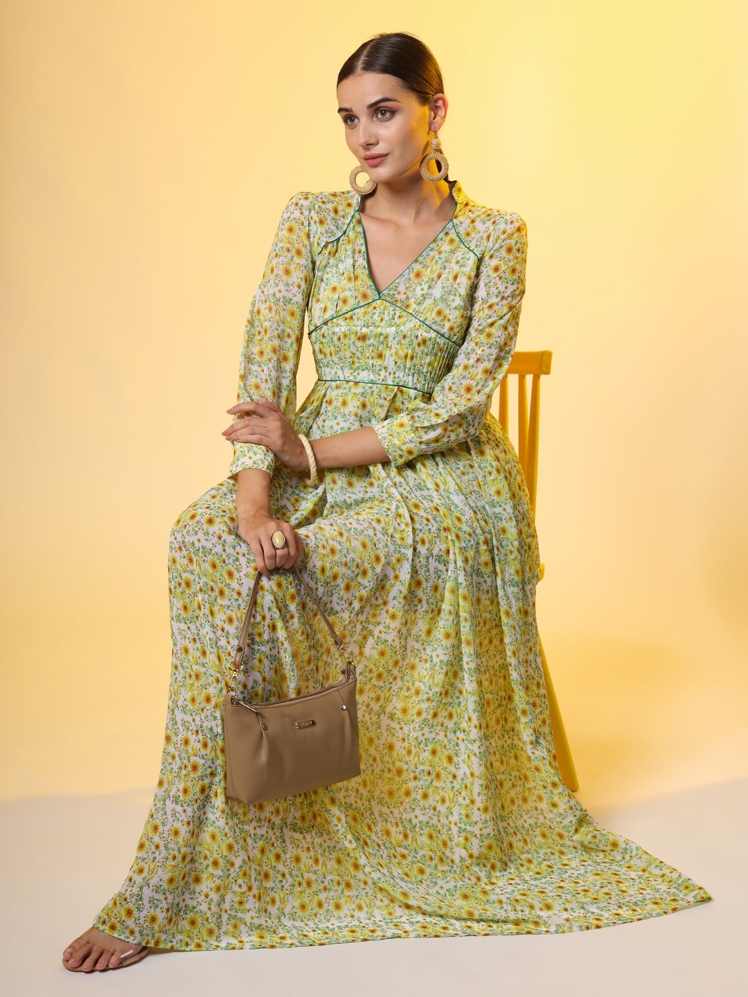 Double Georgette Light Green with Yellow Flower Motif - Sufiza Lifestyle