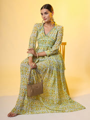 Double Georgette Light Green with Yellow Flower Motif - Sufiza Lifestyle