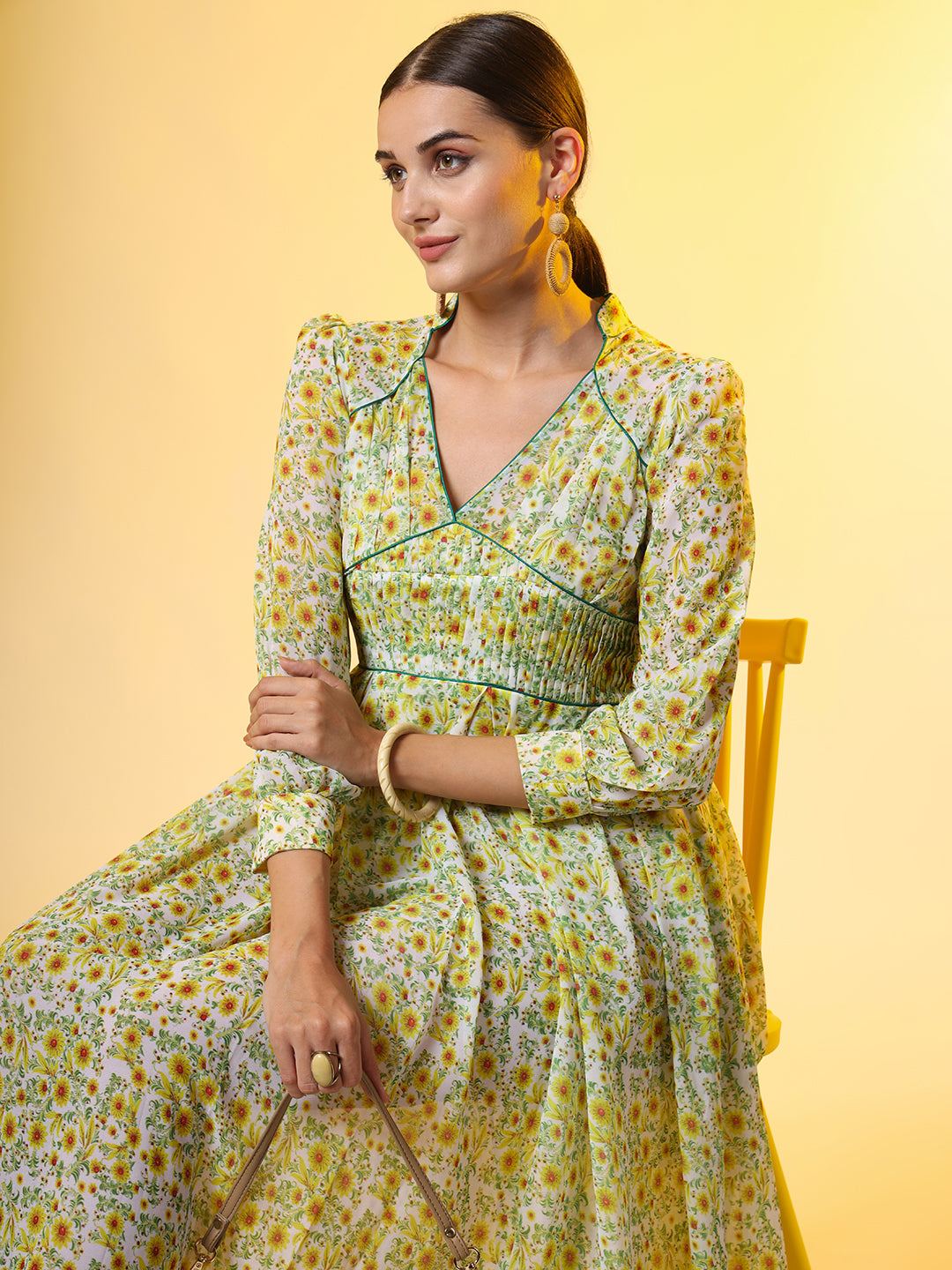 Double Georgette Light Green with Yellow Flower Motif - Sufiza Lifestyle