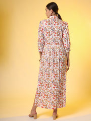 Rayon Slub Cotton Cream Color Red Flower Motif Dress - Sufiza Lifestyle