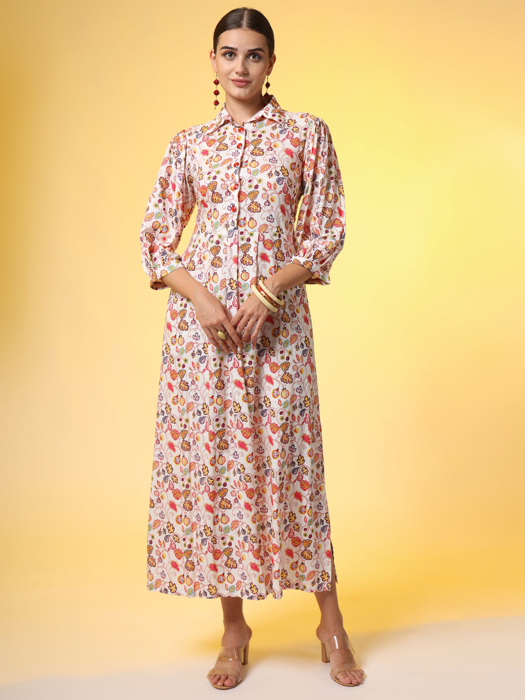 Rayon Slub Cotton Cream Color Red Flower Motif Dress - Sufiza Lifestyle
