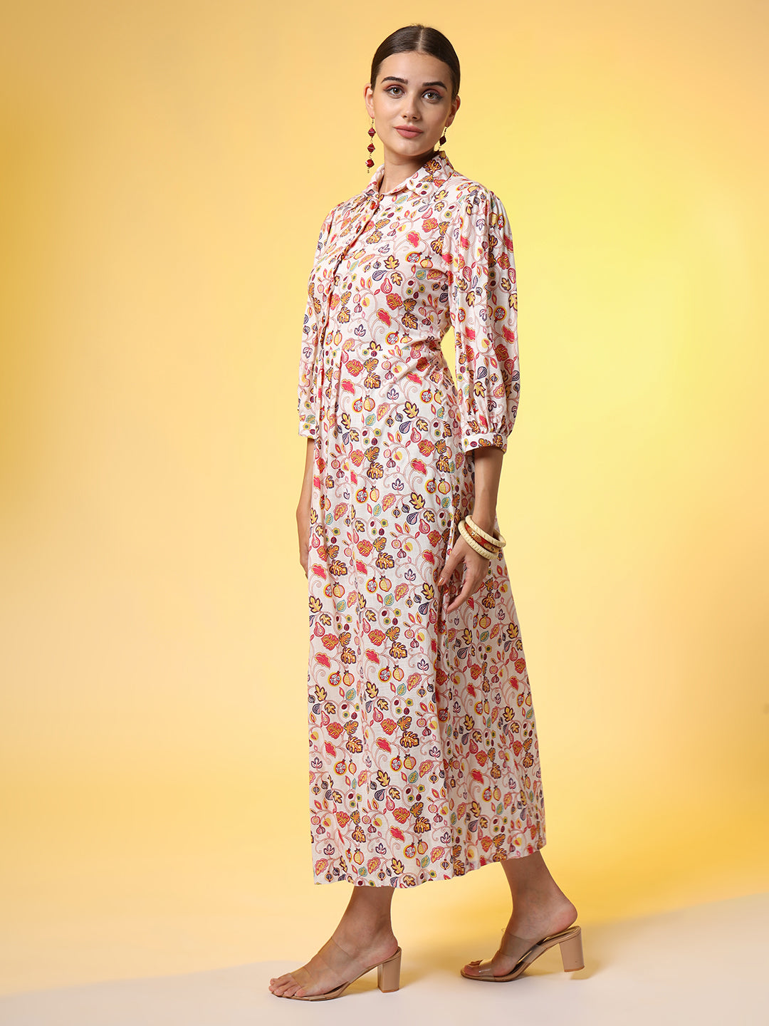 Rayon Slub Cotton Cream Color Red Flower Motif Dress - Sufiza Lifestyle