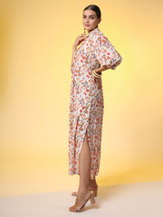 Rayon Slub Cotton Cream Color Red Flower Motif Dress - Sufiza Lifestyle