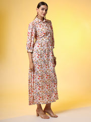 Rayon Slub Cotton Cream Color Red Flower Motif Dress - Sufiza Lifestyle