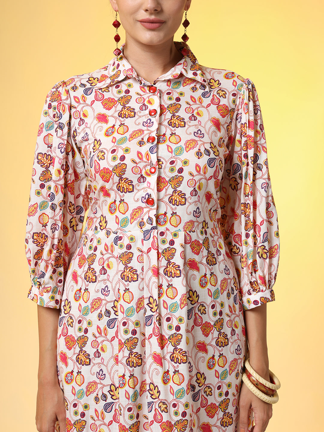 Rayon Slub Cotton Cream Color Red Flower Motif Dress - Sufiza Lifestyle